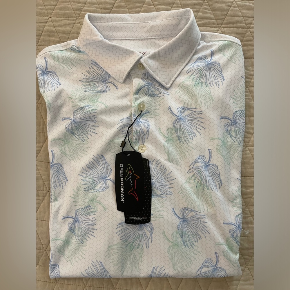 GREG NORMAN Play Dry Palm Fronds Print Stretch Knit Golf Shirt Size L $69 NWT